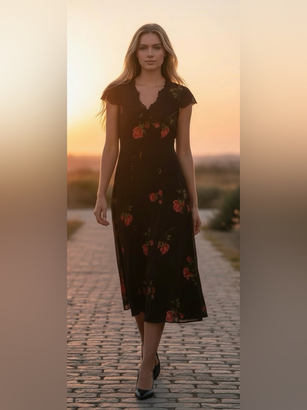 Reformation Black Midi Flowy Dress with Red Floral Print; Lace Accents/Sleeves